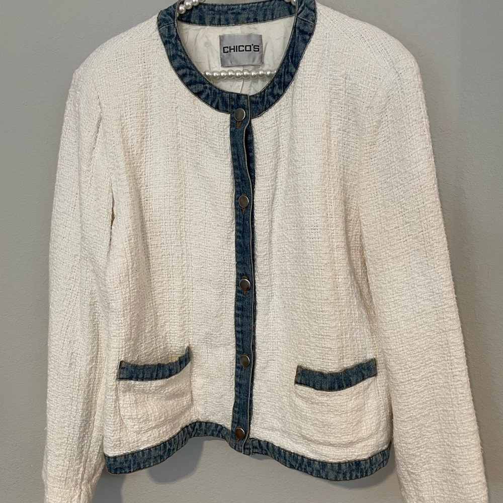 Chico's White Blazer with Navy Denim Trim